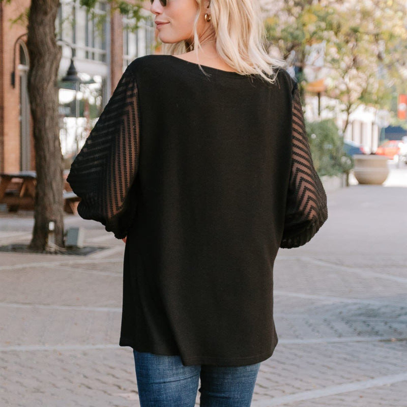 Puff Transparent Sleeve Crew Neck Blouse Top