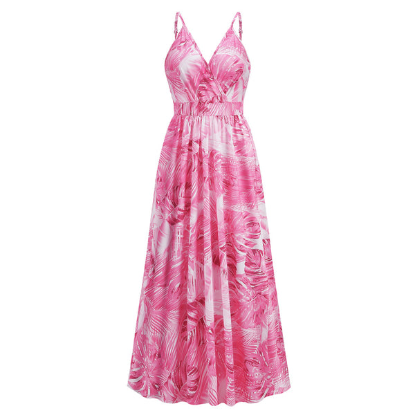 Spaghetti Strap V-Neck Printed Pleated Maxi Dress