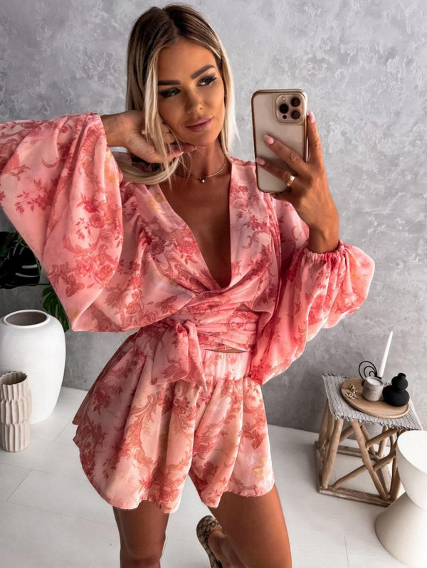 Stylish Wide Sleeve Deep V Neck Tie Waist Floral Mini Dress