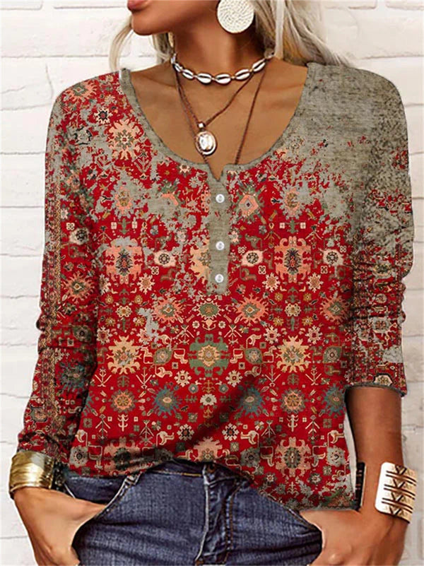 Scoop Neck Long Sleeve Printed Blouse Top