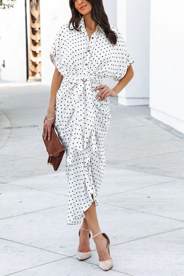 Polka Dot Tie Front Midi Shirt Dress