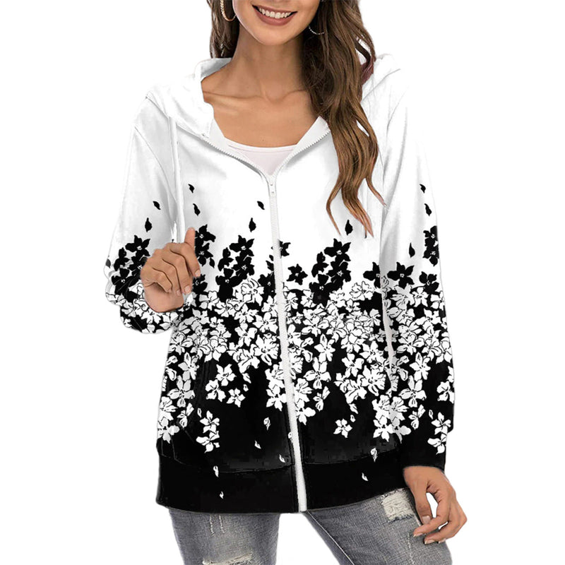 Fashion Floral Print Long Sleeve Zip Up Hoodie Sweatshirt