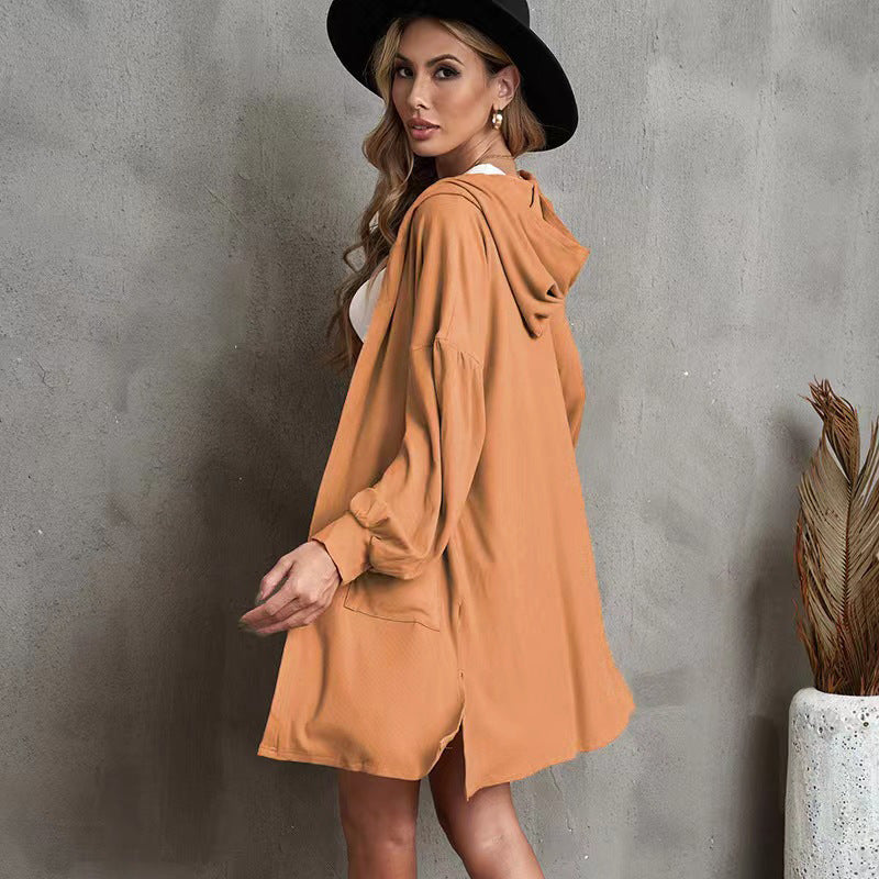 Casual Solid Pocket Long Sleeve Hooded Long Cardigan