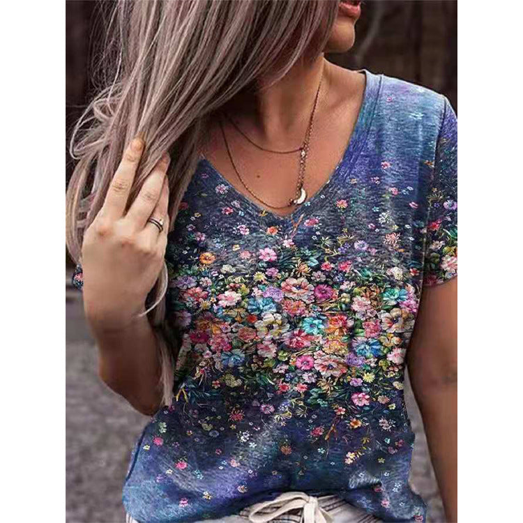 Floral Short Sleeve V Neck T Shirt Top