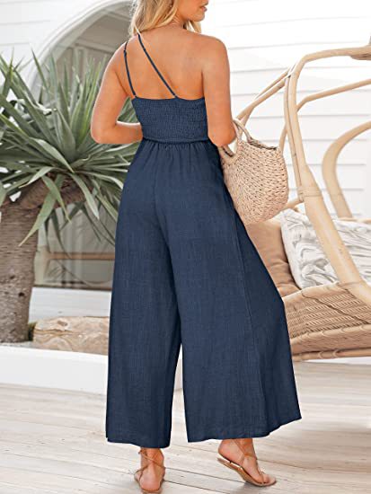 One Shoulder Wide Leg Solid Color Jumpsuit