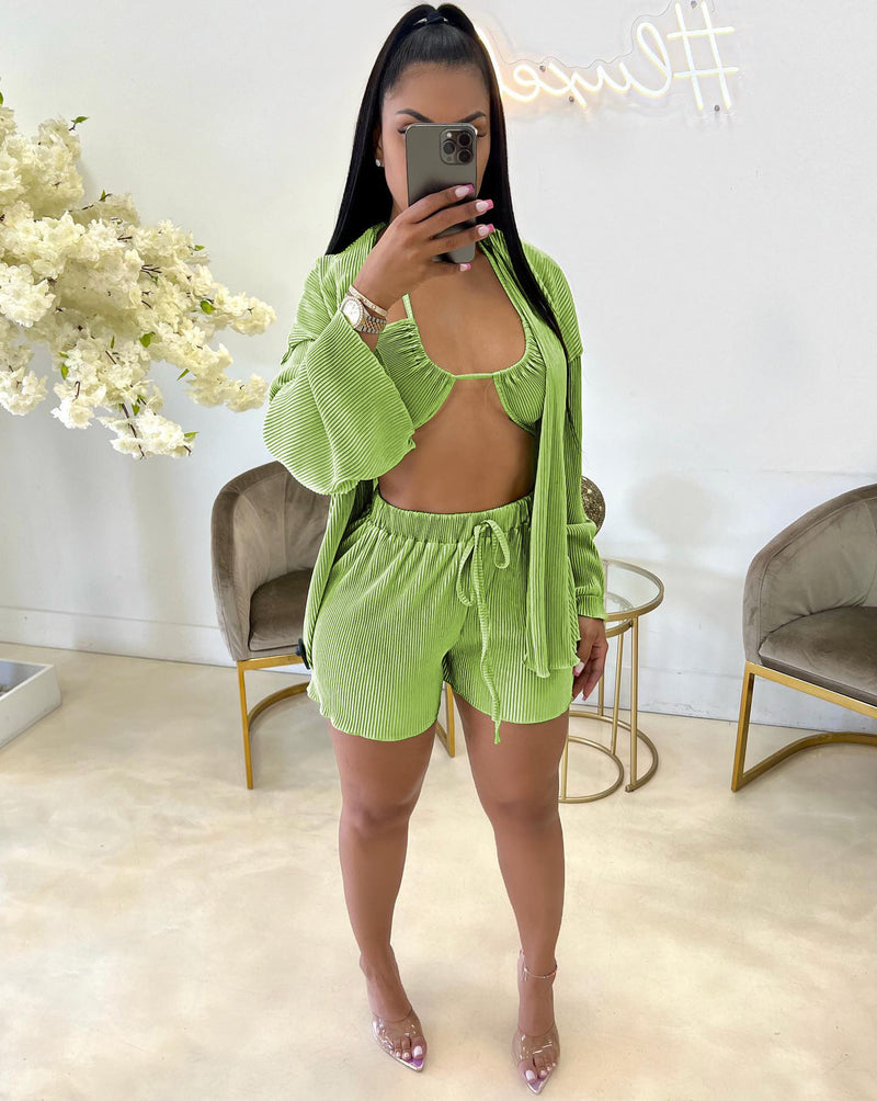 Three Piece Halter Neck Solid Color Bra High Waist Short and Long Sleeve Cover Up Set