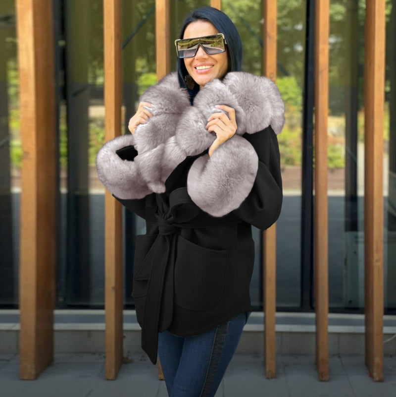 Bubble Faux Fur Tie Waist Front Pocket Coat