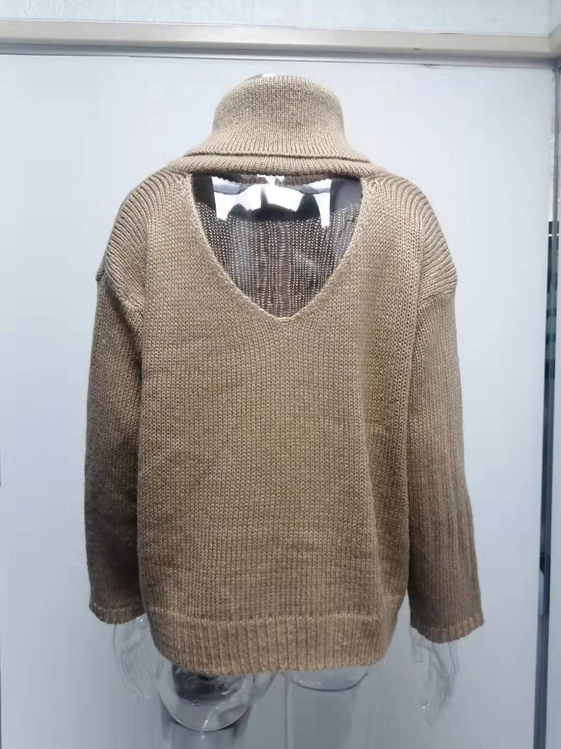 Turtle Neck Open Back Solid Color Knitted Sweater