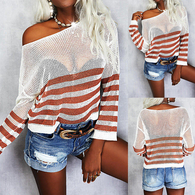 Casual Off Shoulder Long Sleeve Transparent Top