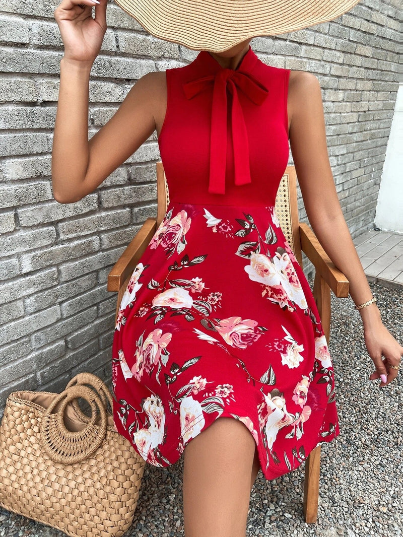 Floral Sleeveless Neck Tie Mini Dress