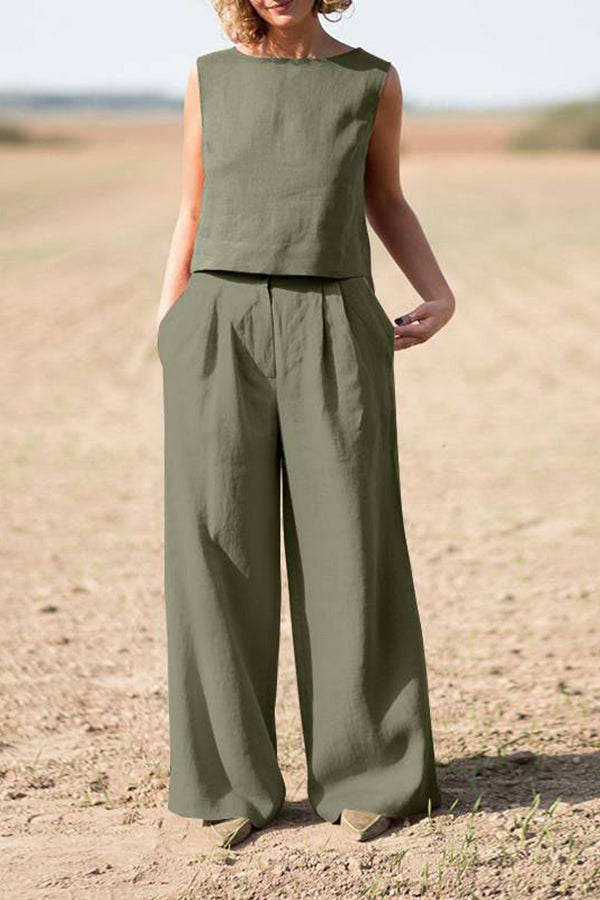 Solid Sleeveless Blouse Pants Set