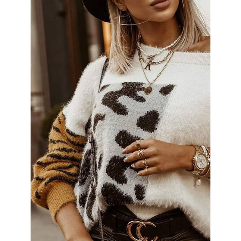 Off Shoulder Oversize Knit Fur Sweater