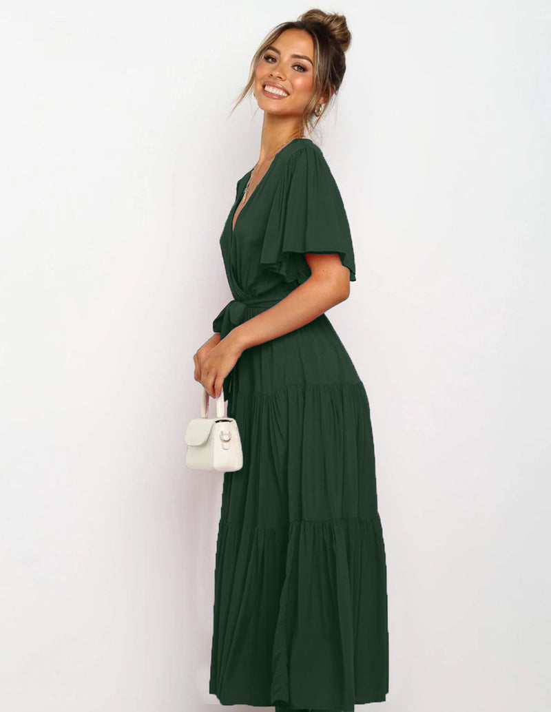 V Neck Tie Waist Short Sleeve Maxi Dress