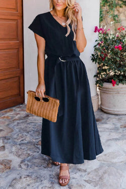 V Neck Belted Maxi Dress