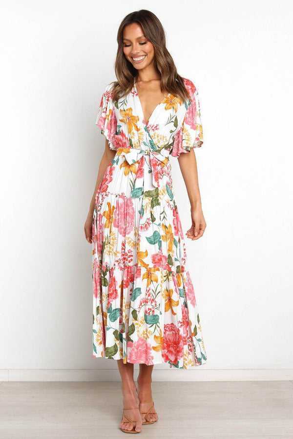 Floral V Neck Short Sleeve Maxi Dress