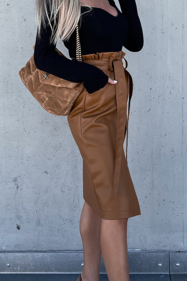 PU Tie Belt Slit Midi skirts