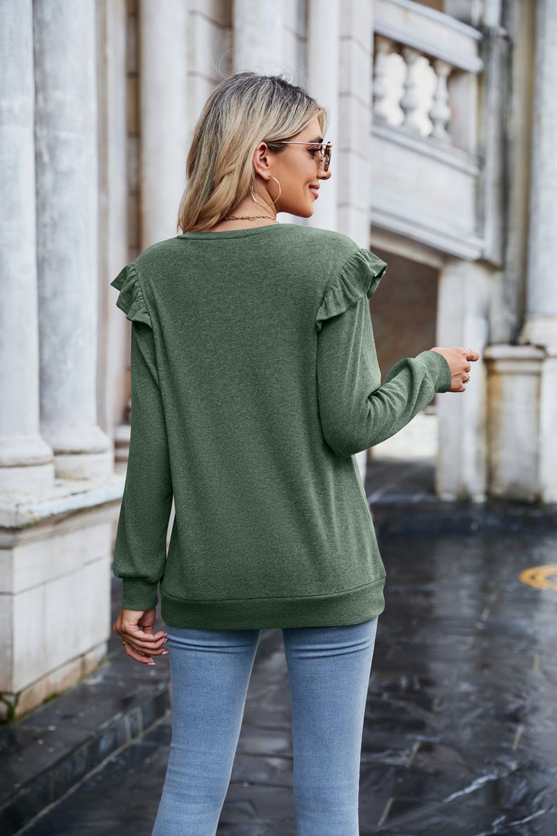 Casual Long Sleeve V-Neck Solid Color Sweat Top