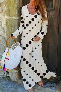 Dot V Neck Long Sleeve Maxi Dress