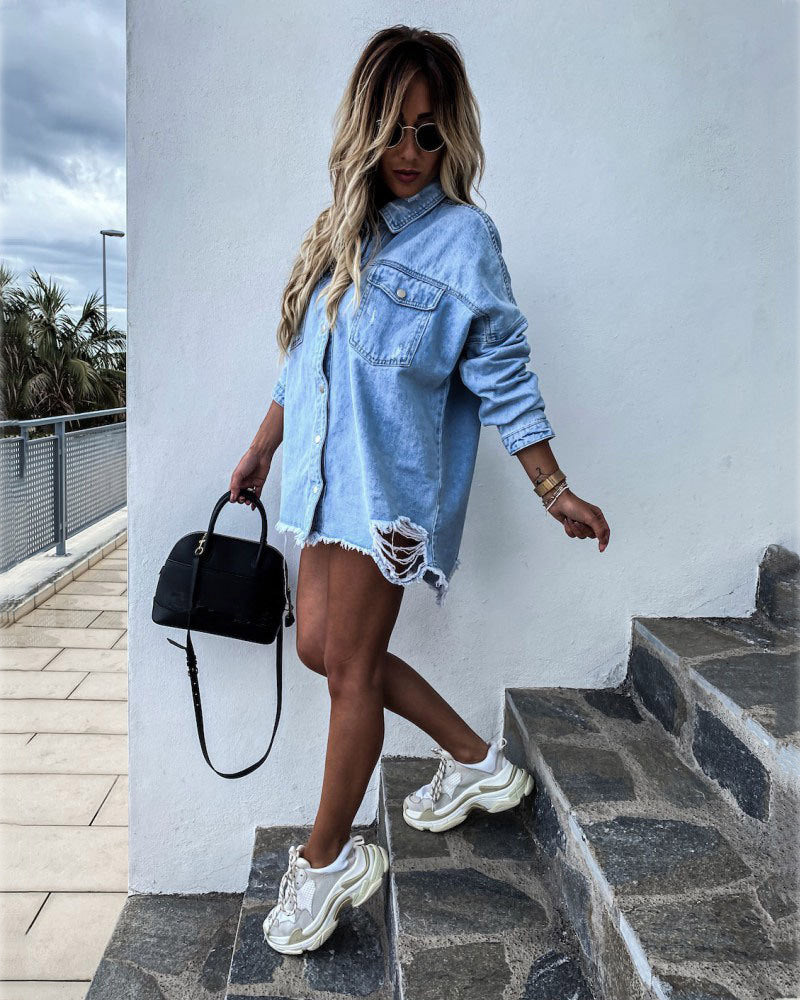 Long Sleeve Denim Jean Dress Button Down Casual Top