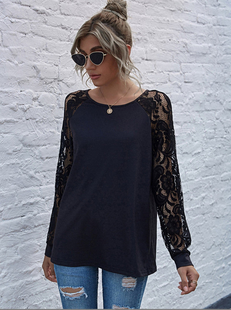 Long White Lace Sleeve Round Neck Top