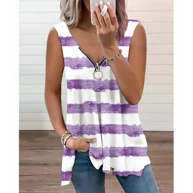 Zip Up Sleeveless Tank Blouse Top