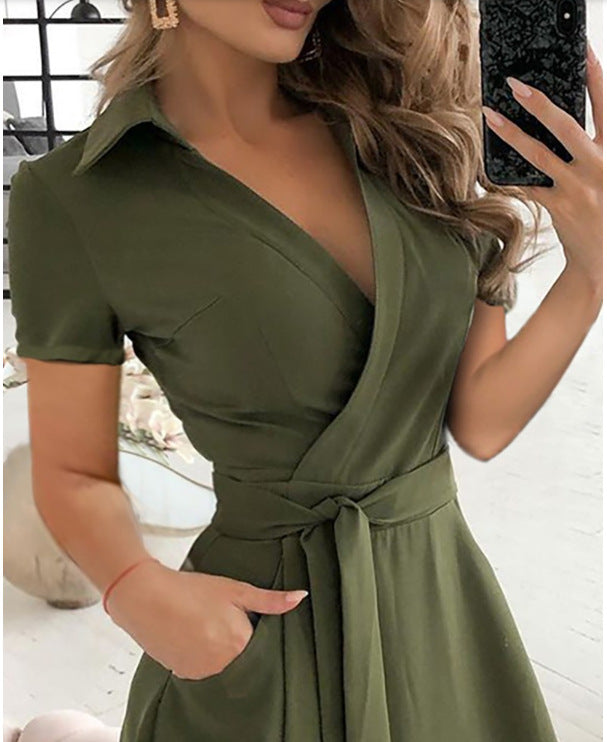 Cross V Neck Waist Tie Short Sleeve Midi Dress