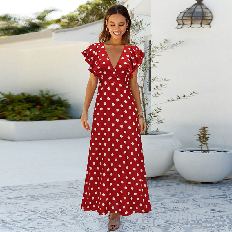 Polka Dot V Neck Cap Sleeve Maxi Dress