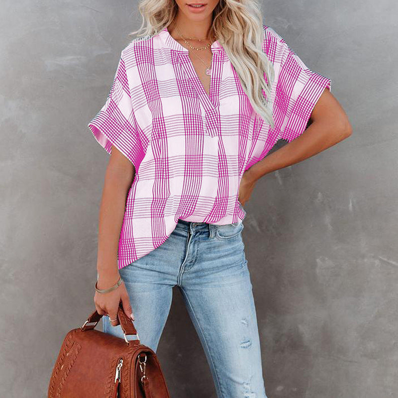 Plaid Color Button Down Loose Blouse Shirt