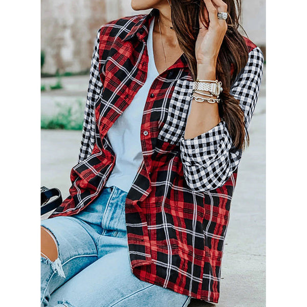 Red Plaid Button Down Long Sleeve Shirt Top