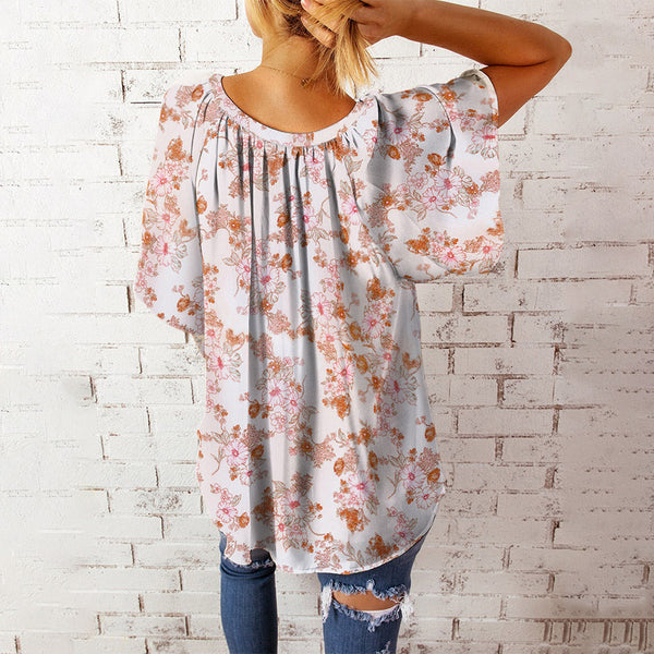 Casual Floral Print V-Neck Short Sleeve Oversize Top Blouse