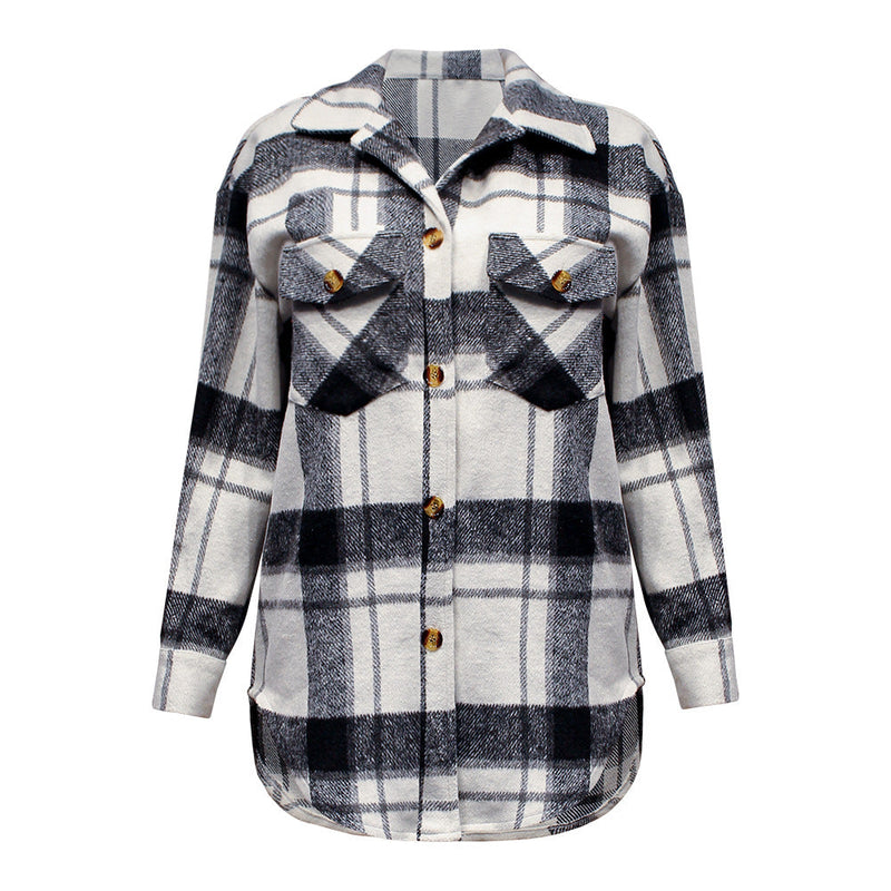 Fashion Long Sleeve Bend Down Collar Button Down Plaid Top Jacket