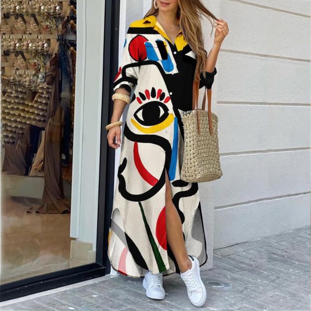 Face Print Side Split Color Block Button Up Maxi Dress