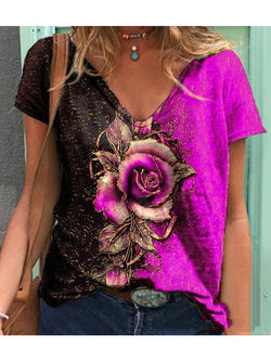 Classic Short Sleeve V Neck Floral T Shirt