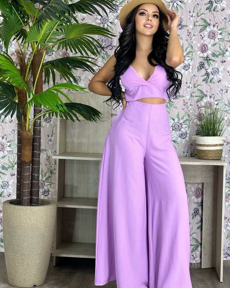 Two Piece Sleeveless V-Neck Crop Top and Wide Leg Solid Pants Set