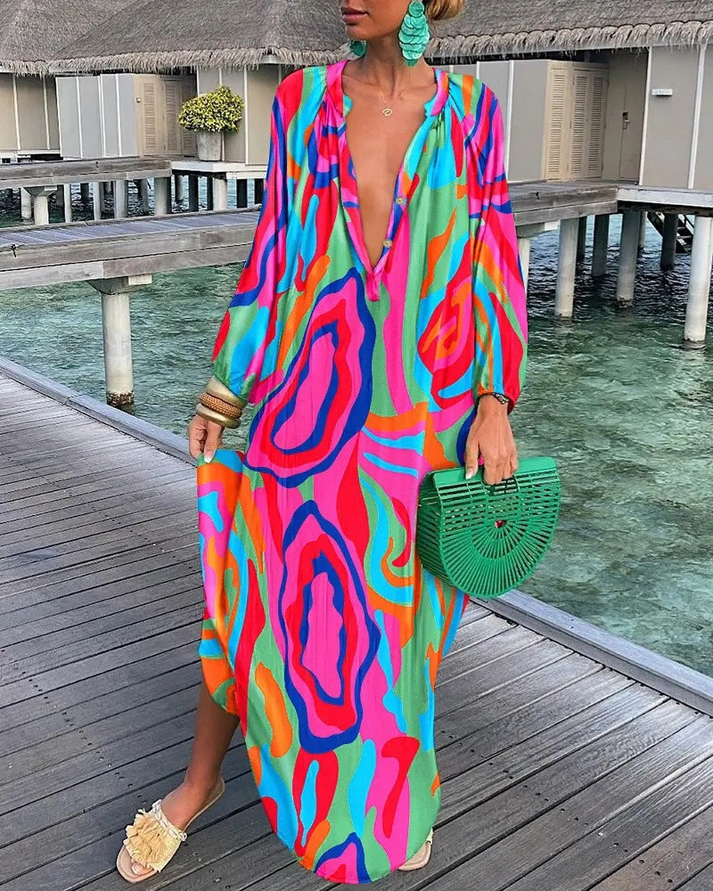 Deep V Neck Long Sleeve Color Blend Maxi Dress