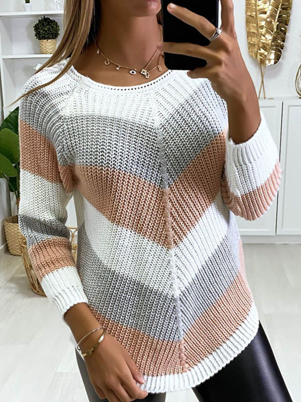 Round Neck Knitted Color Block Sweater