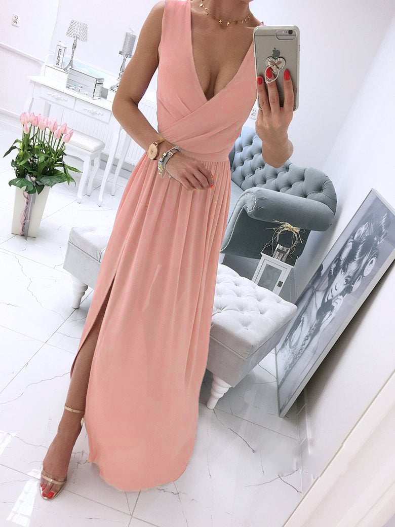 Deep Cross V Neck Side Side Split Long Maxi Dress