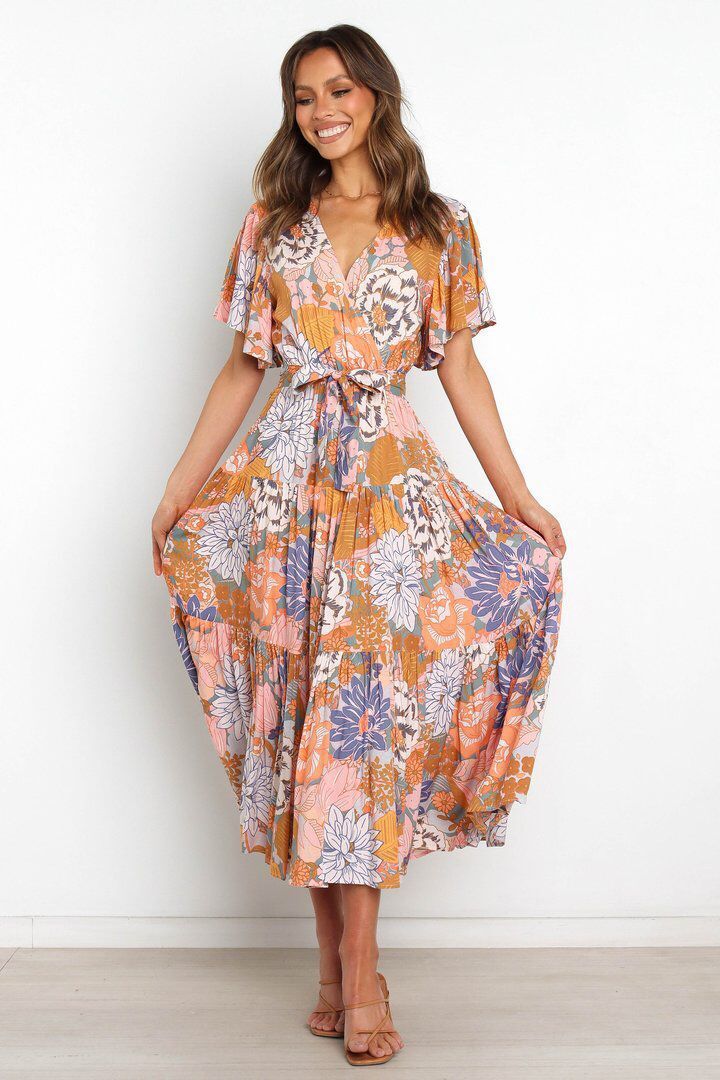 Floral V Neck Short Sleeve Maxi Dress