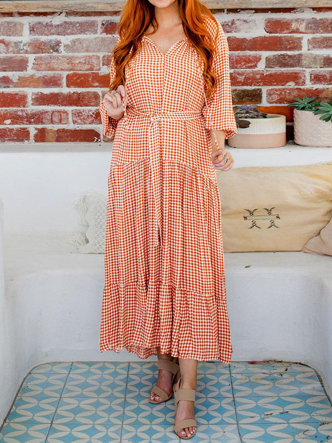 Long Sleeve Round Neck Plaid Maxi Dress