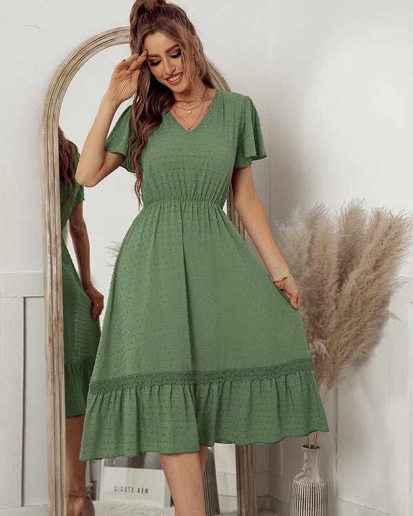 Short Sleeve V Neck Solid Color Midi Dress