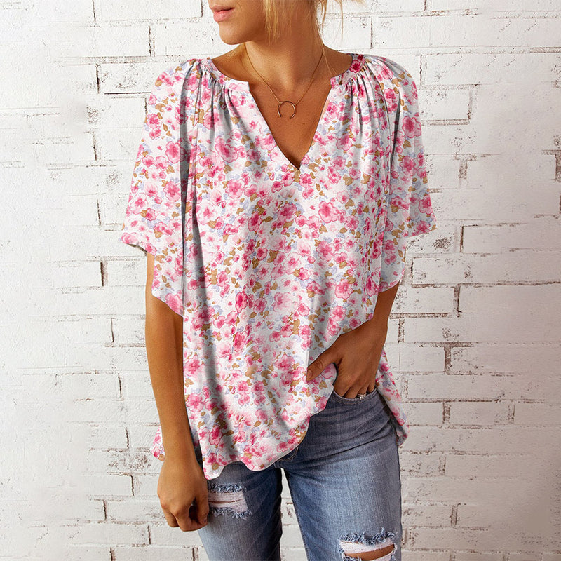 Casual Floral Print V-Neck Short Sleeve Oversize Top Blouse