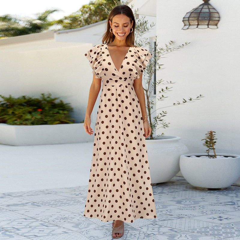 Polka Dot V Neck Cap Sleeve Maxi Dress