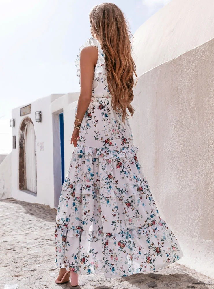 Sleeveless Deep V Neck Floral Deep V Neck Dress