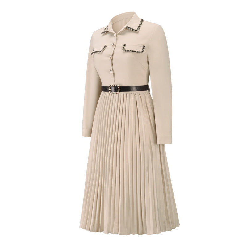 Belted Bendown Collar Lond Sleeve Dress