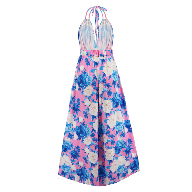 Sleeveless Backless Floral Print High Split Maxi Dress