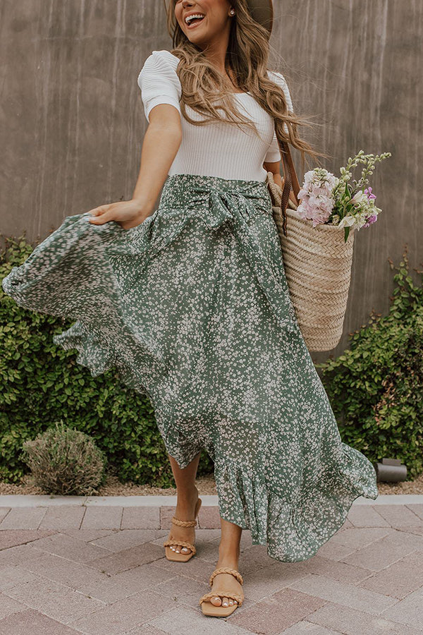 Floral Asymmetric Flounce Belted Maxi Skirt