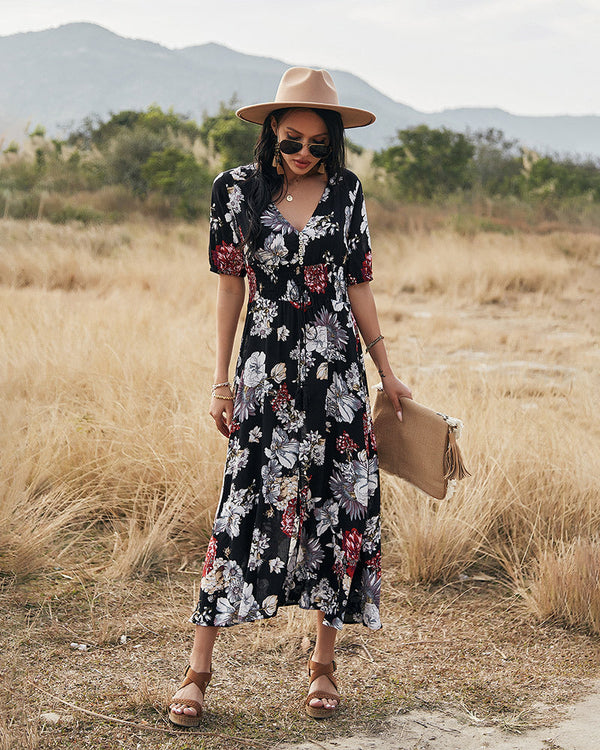 Elegant Deep V Neck Short Sleeve Floral Maxi Dress