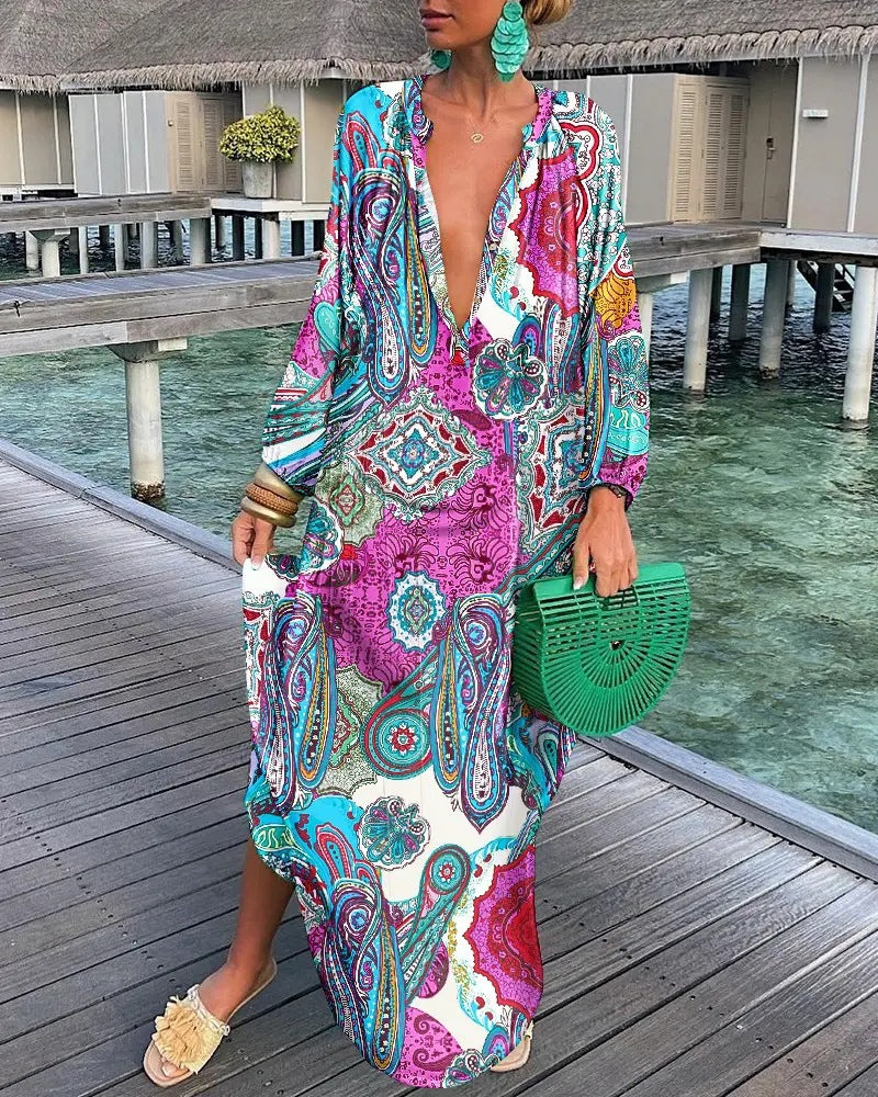 Deep V Neck Long Sleeve Color Blend Maxi Dress