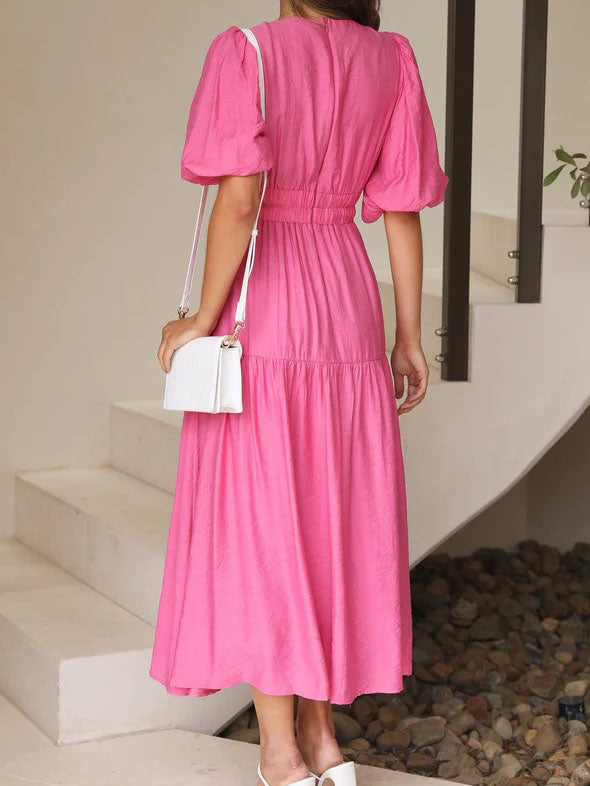 Deep V-Neck Short Sleeve Solid Color Maxi Dress