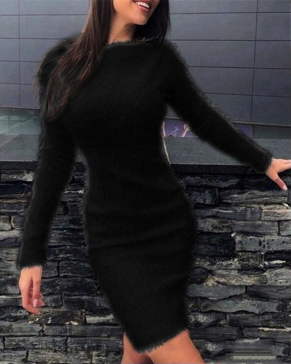 Long Sleeve Fluffy Bodycon Mini Sweater Dress